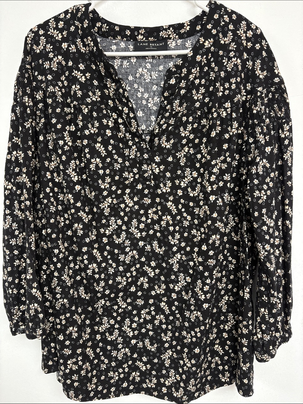 Lane Bryant Size 20 Black Floral Peasant Blouse Long Sleeve Boho Top